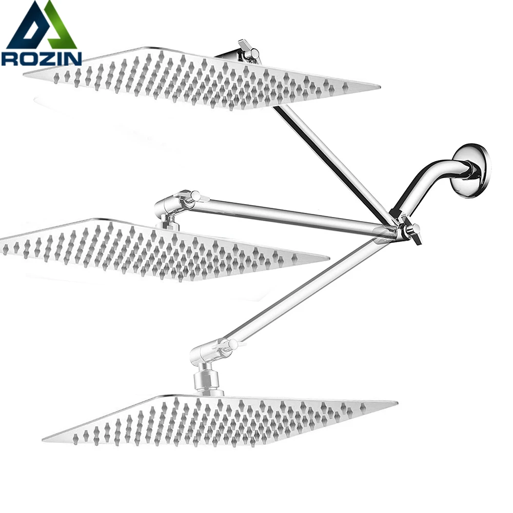 

8/10/12 inch Square Rain Shower Head PLUS 11-inch Solid Brass Angle Adjustable Extension Arm Chrome Wall Mounted