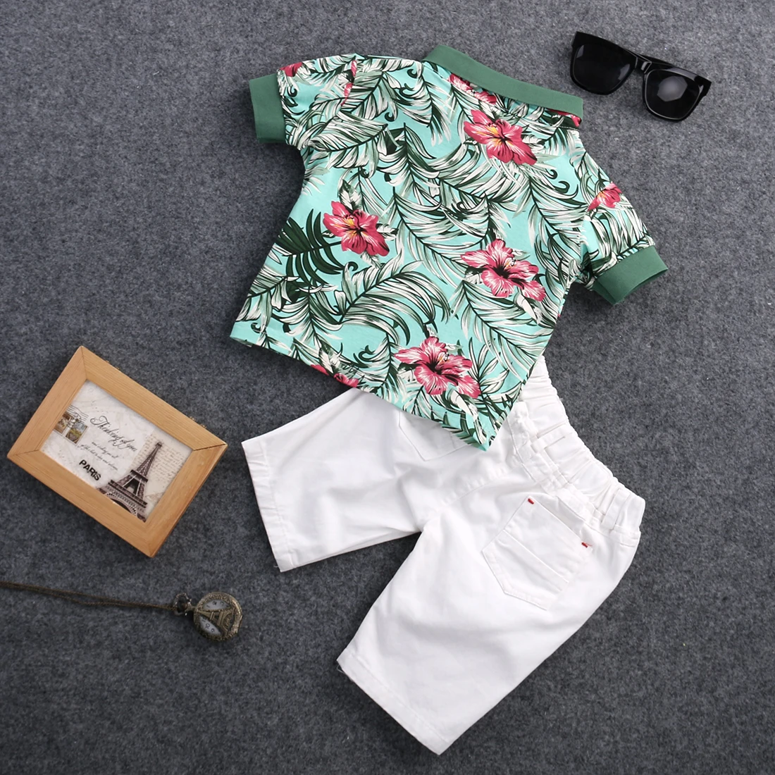 2pcs Toddler Kids Baby Boy Fashion Sets Flower Shirt + White Short Pants Outfits Cotton Summer Clothing Set | Детская одежда и