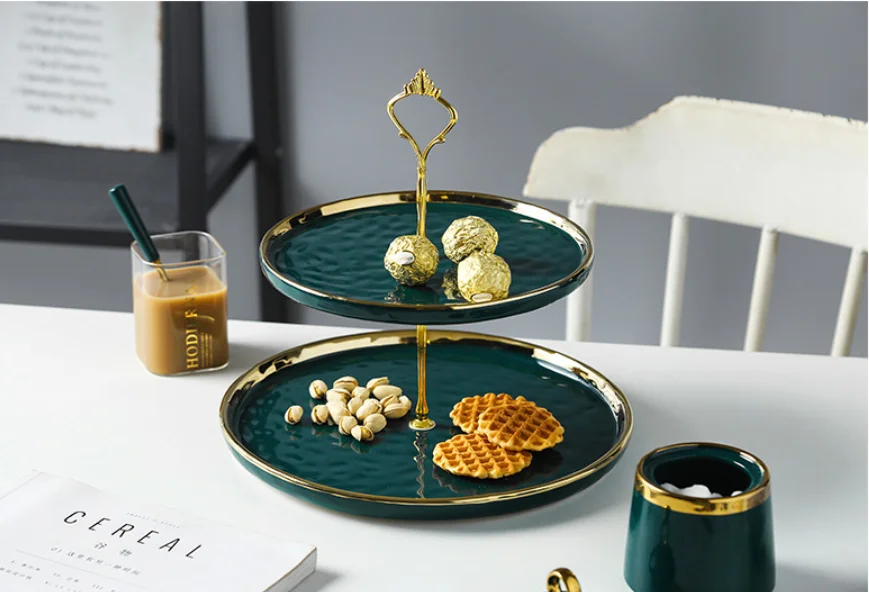 Light luxury Emerald Phnom Penh Dessert Afternoon Tea Cake Rack Ceramic Plate Double Snack Plate Fruit Tray Storage Tray