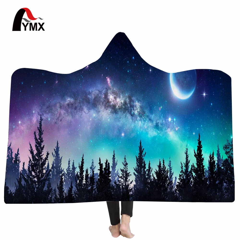 

FYMX Starry Sky Art Hooded Blanket For Adults Sherpa Fleece Psychedelic 3D Printed Microfiber Wearable Blanket On Bed Sofa