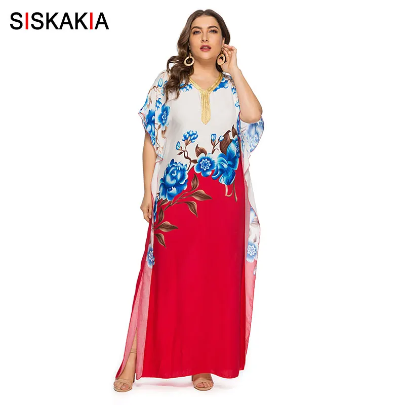 Red dress Siskakia Лето женское длинное платье Элегантное этническое Макси платье с принтом свободное с v-образным вырезом короткий рукав с рюшами Лента одежда размера плюс - Цвет: Red dress