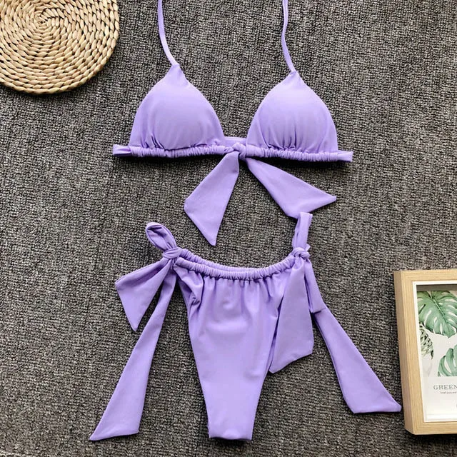 B463Purple Неоновый зеленый завязанный бикини женский купальник Женская одежда для плавания комплект бикини из двух частей сексуальный купальный костюм с бретельками - Цвет: B463Purple