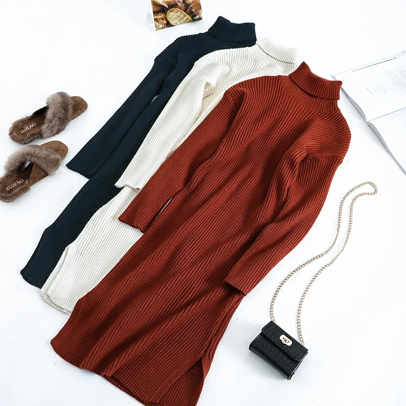 Женское трикотажное платье свитер с длинным рукавом и высоким воротником|fashion