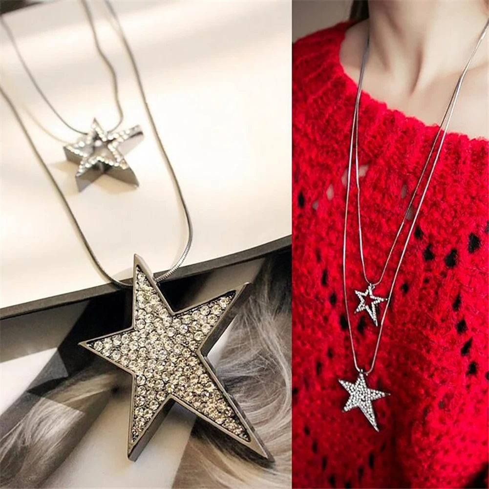 Women Hollow Star Pendant Necklace Sweater Chain Multilayer Rhinestone Inlaid Necklace Decorative Fashion Jewelry Gift