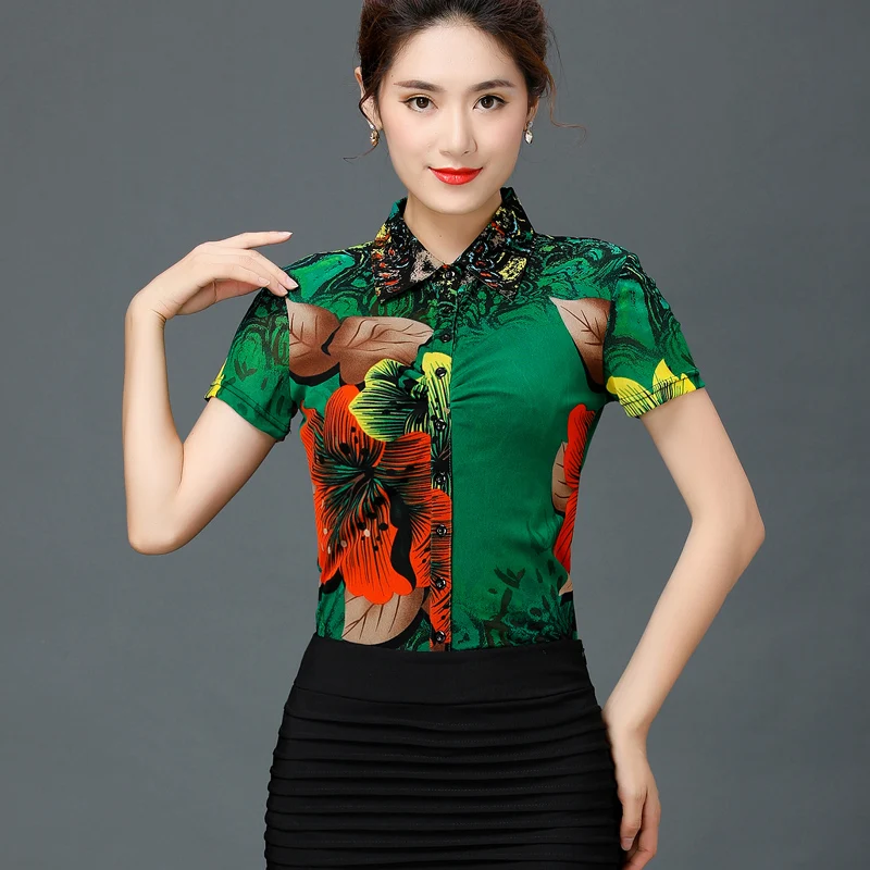Summer Casual Womens Floral Printed Short Sleeve Stretch Blouse , Shirt For Woman , Female Women 4XL 3XL Slim Painted Blouses