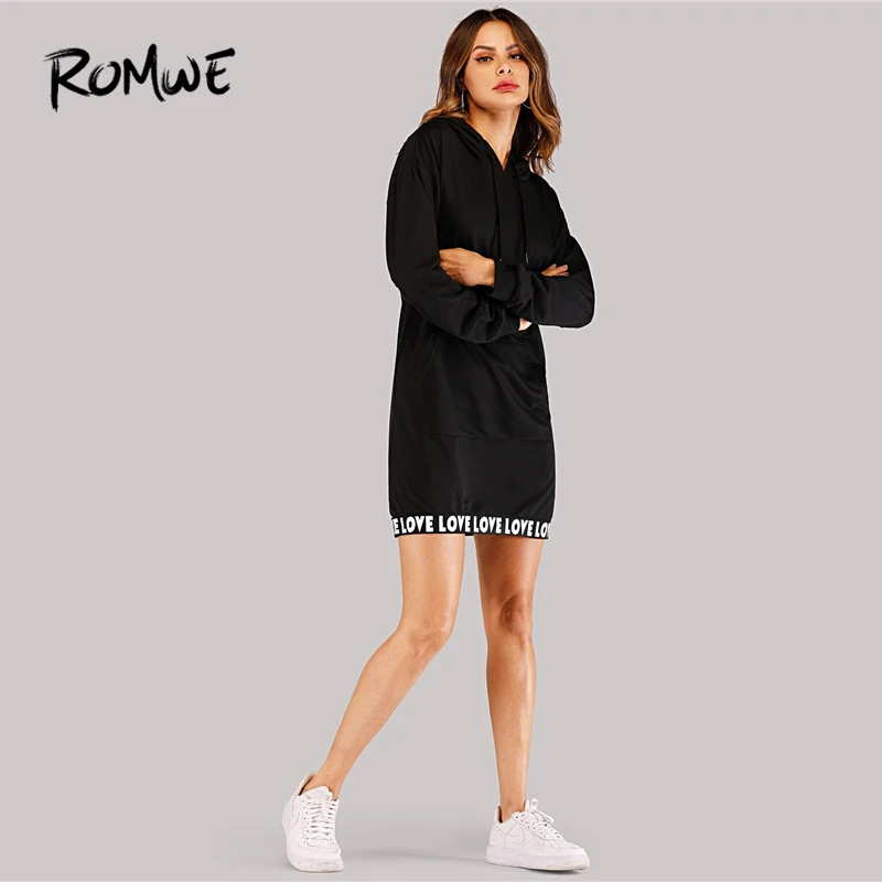 ROMWE/черное платье-толстовка с капюшоном и надписью на завязках, Женская Осенняя повседневная одежда, модное платье с длинными рукавами