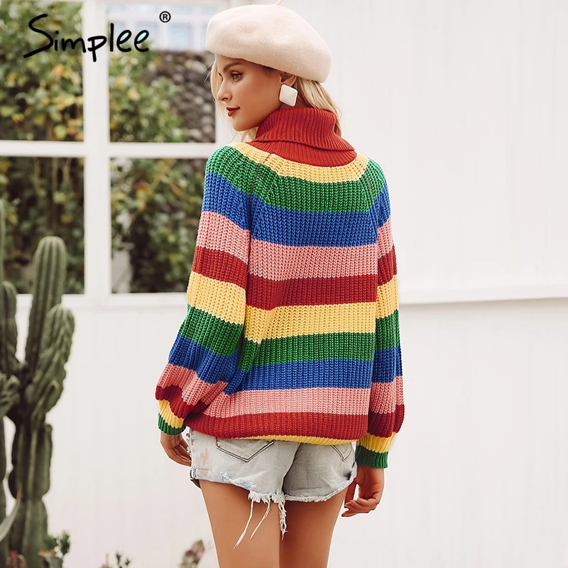 Simplee Rainbow turtleneck casual sweaters women winter 2018 jumpers knitted fashion striped oversized pullover female jumper | Женская