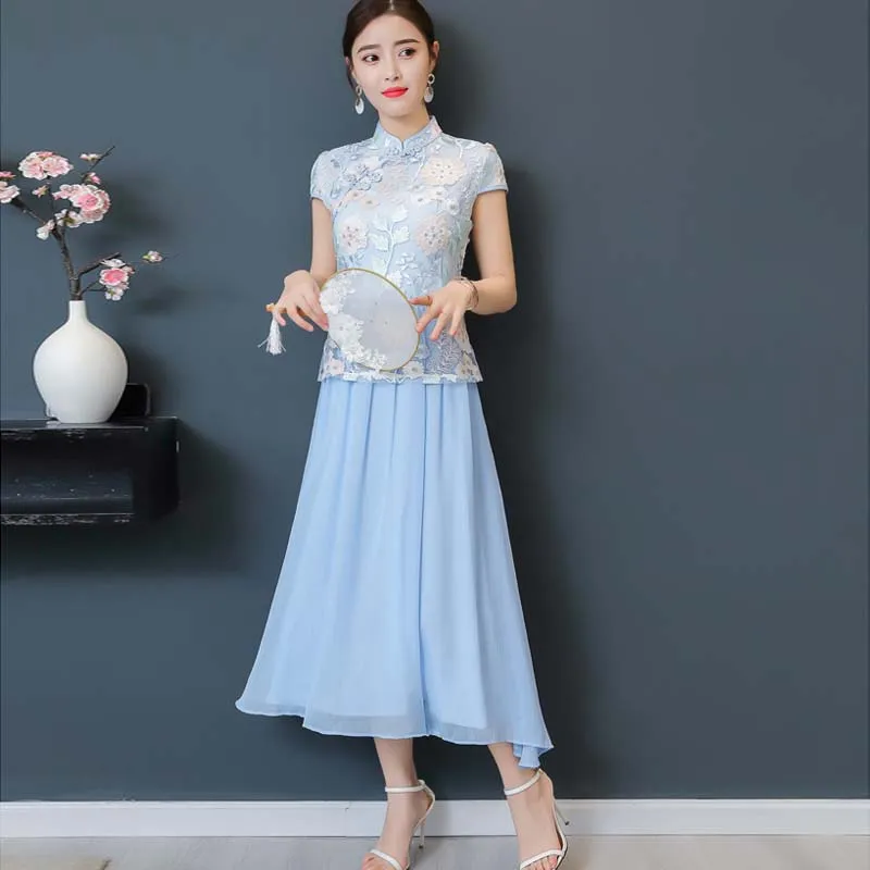 2018 новое летнее Длинное Платье женское Цветочная вышивка cheongsam кружевное