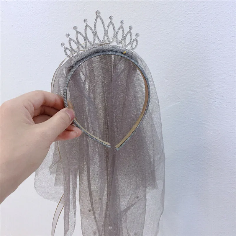 Серый Fashion 1PC Cute Princess Veil Children Headbands Baby Girl Rhinestone Crown Garland Party Wedding Hairband Headwear Accessories - Цвет: Серый