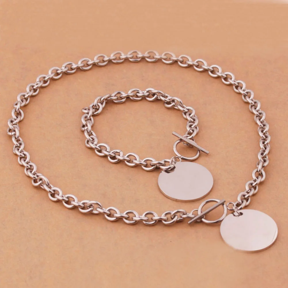 Fashion Jewelry Women's Silver Stainless Steel Rolo Chain Round Medallion Charm Necklace Bracelet Set | Украшения и