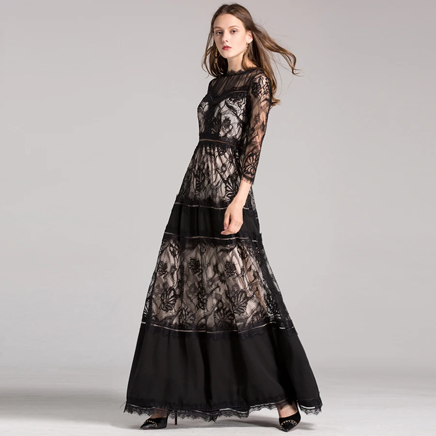Винтаж кружевное платье Для женщин с длинным рукавом прозрачного кружева 3/4
