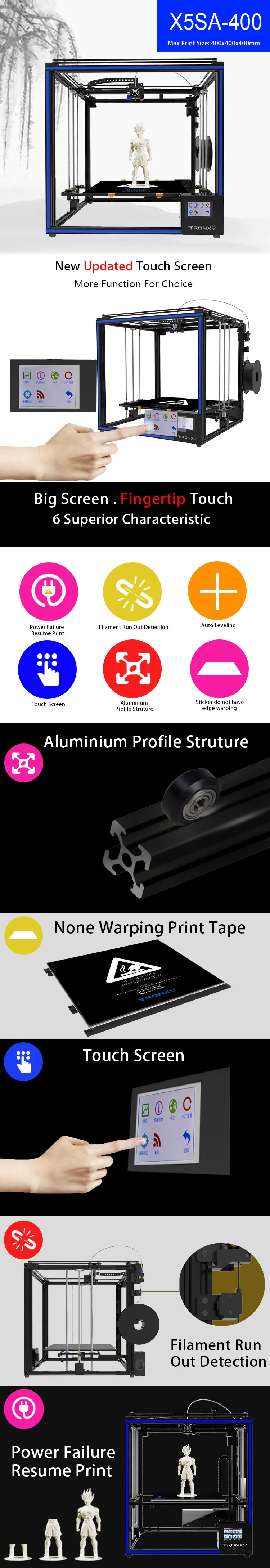 FDM Tronxy X5SA-400 3D принтер DIY наборы автоматическое выравнивание сенсорный экран Тепловая кровать 400*400 мм