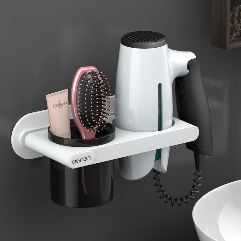 White1 UNTIOR Plastic Hair Dryer Holder with Storage Cup Wall Mount Hair Dryer Shelf Storage Nail Free Bedroom Bathroom Accessories Set - Color: White1
