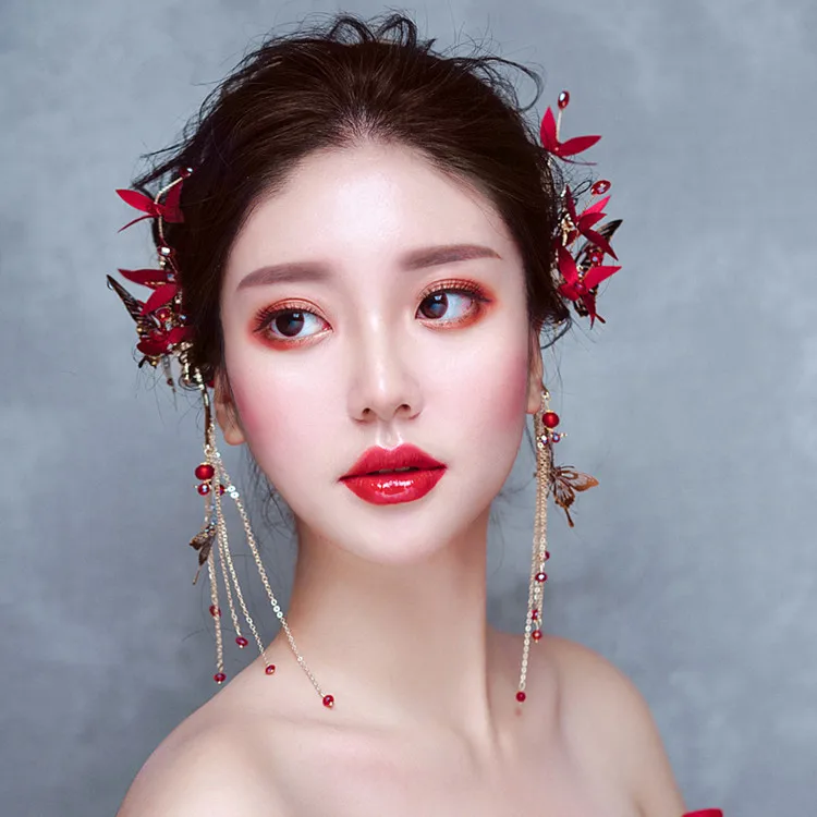 1pair super-immortal red flower butterfly ear hangs Bride headdress accessories beads tassels bride hair | Украшения и аксессуары