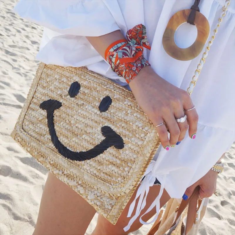 Соломенная Сумка со смайликом ручная многофункциональная сумка из ротанга