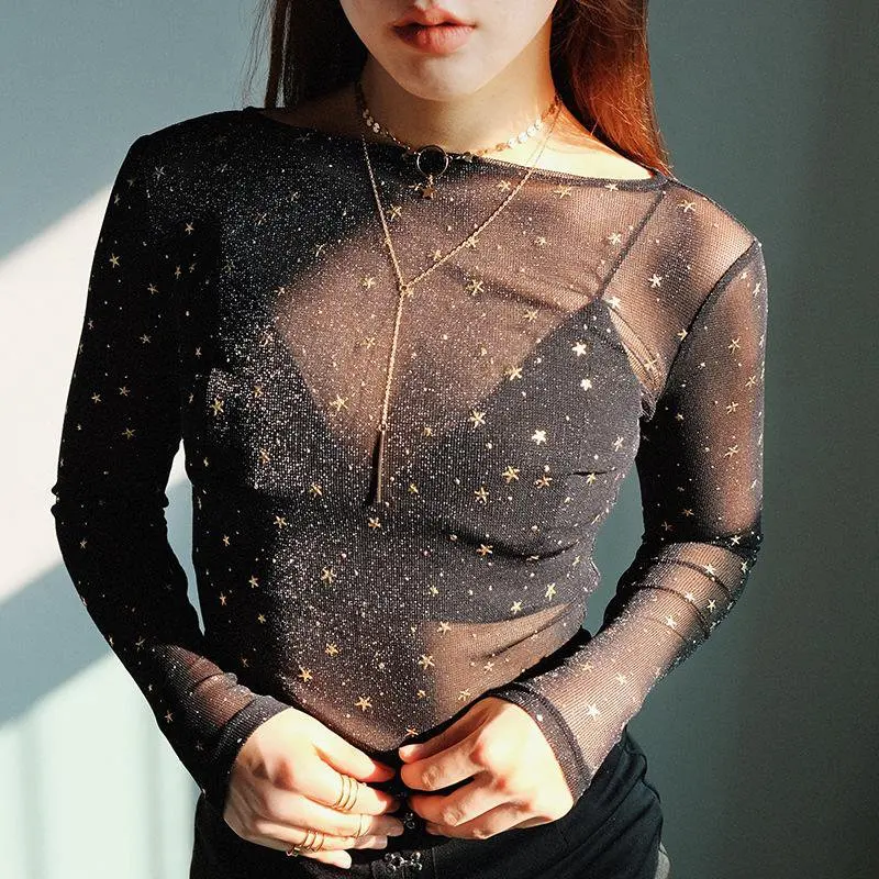 

2020 Women New Fashion Sexy Solid See-through Shiny Stars Sequin Sheer Long-Sleeve Mesh Slim Top Shirts Hot