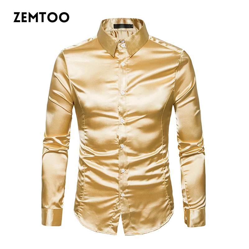 Для мужчин эксклюзивная Metallic Shirt блестящего шелковистого атласа рубашка с