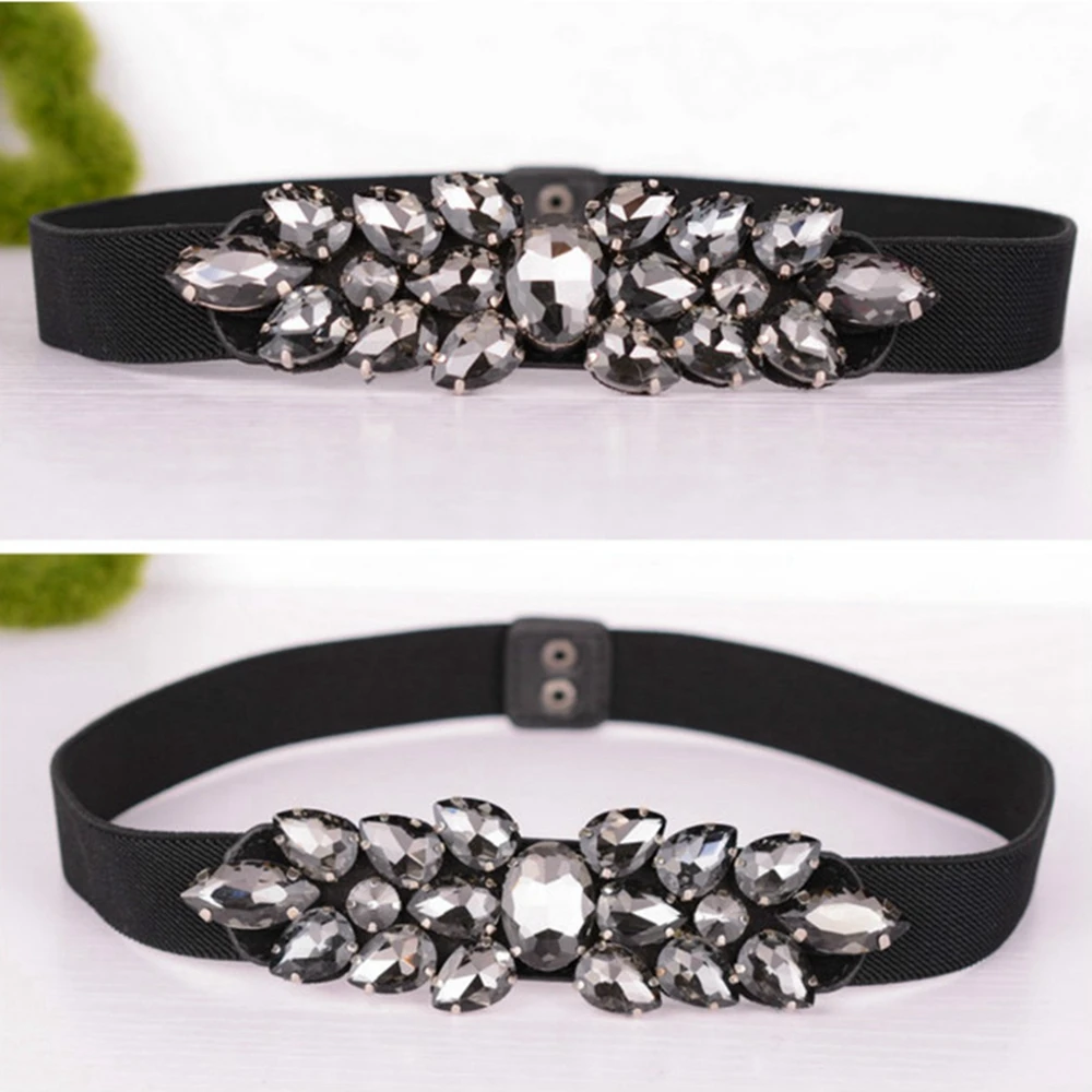 

Fashion Women's Elastic Waist Belts Skinny Crystal Waistband Black Color Stretch Strap Cummerbunds Corset High Waist Belt
