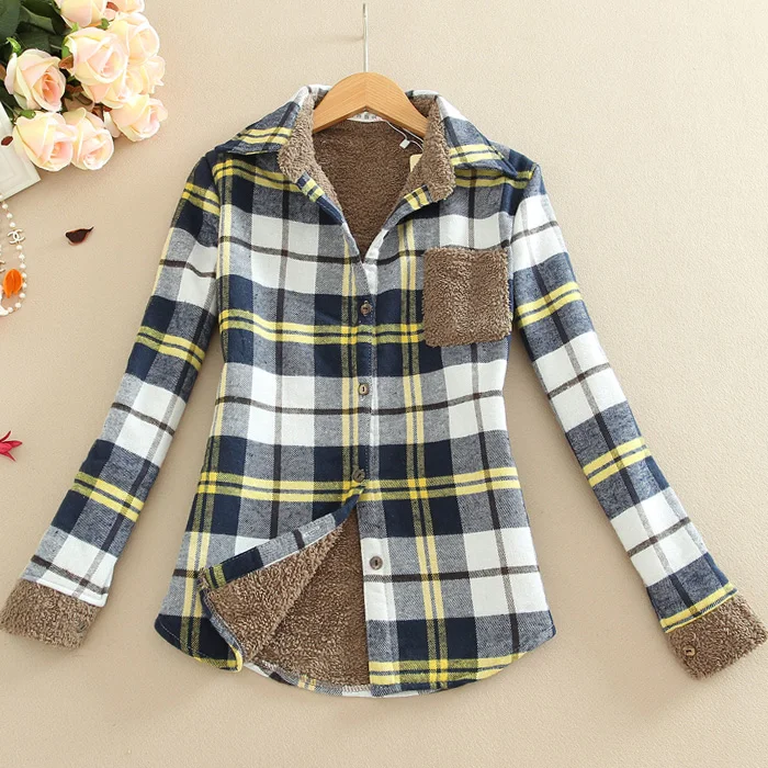 Толстый бархат Blusas зима хлопок с длинным рукавом Женская фланелевая рубашка в