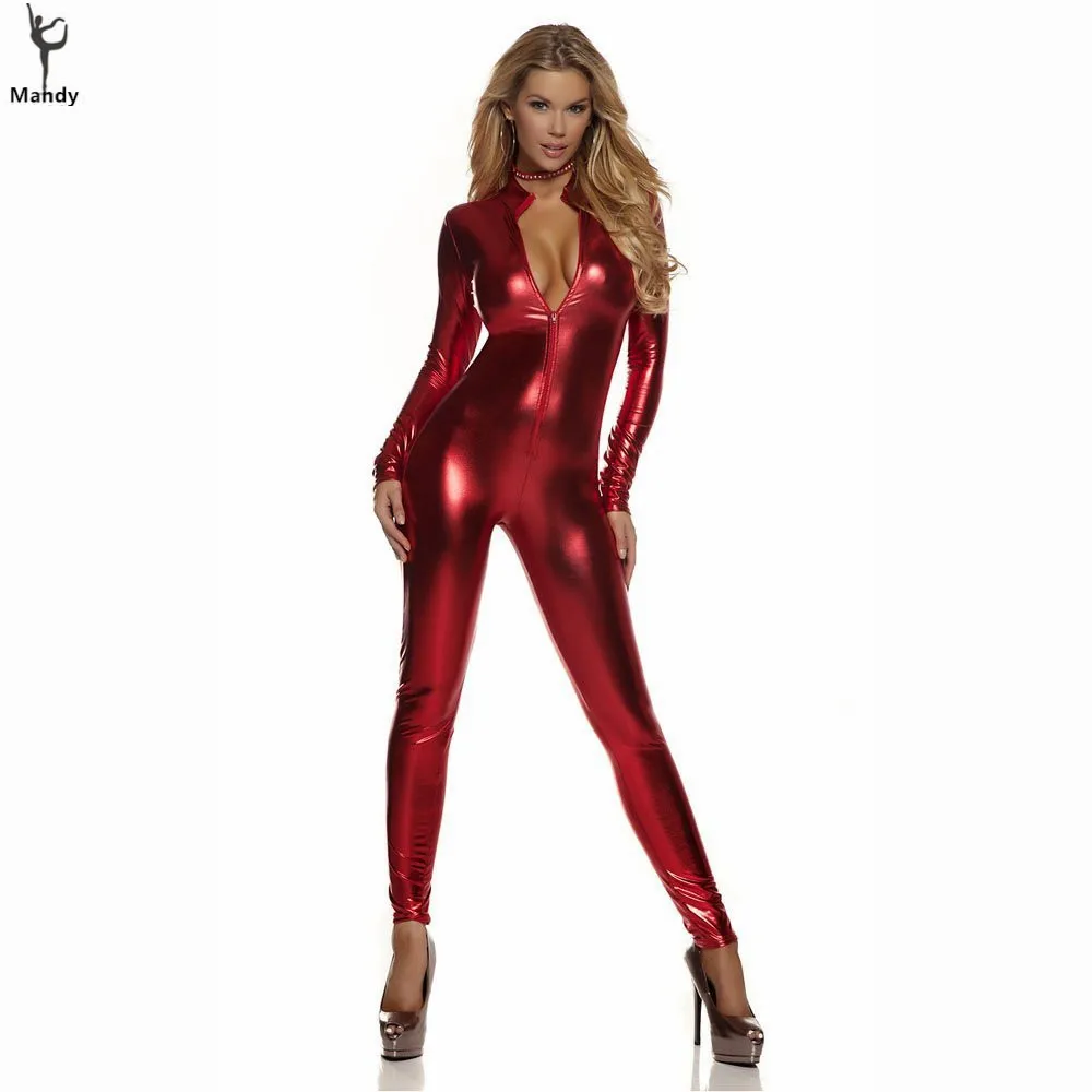 Комбинезон женский из спандекса с ложным воротником блестящий металлический