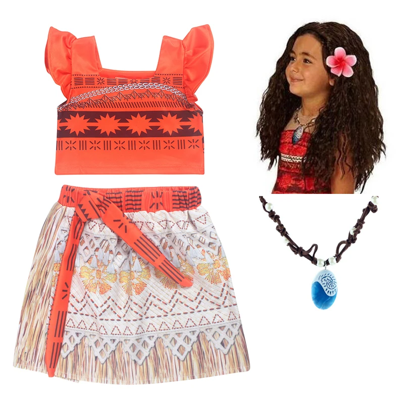 Kids Girl Princess Party Dress Moana Adventure Elsa Clothing Girls Set with wig and Necklace baby Vaiana Cosplay Clothes | Детская