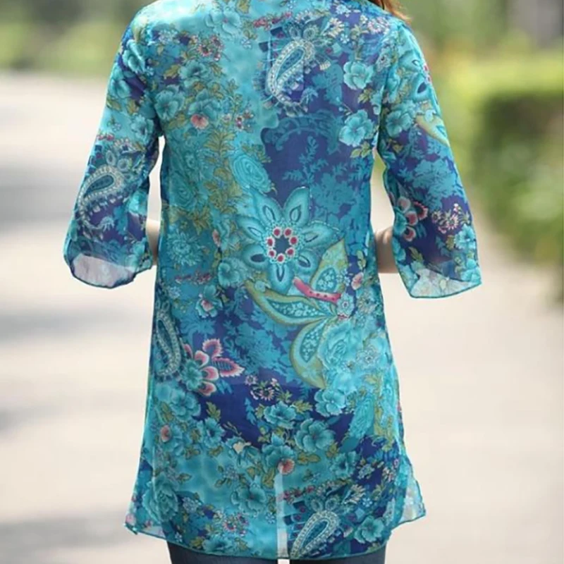 Женская крутая блузка 2018 длинная шифоновая с принтом рубашка женская цветочным