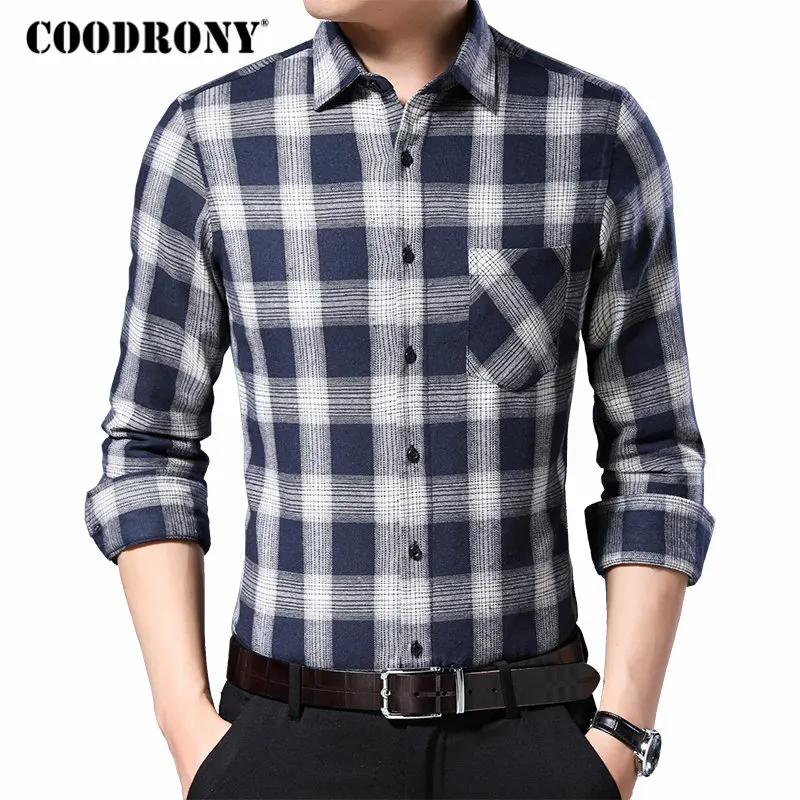 COODRONY, мужская рубашка, осенняя, мягкая, хлопковая, с длинным рукавом, рубашка для мужчин, уличная мода, в клетку, повседневные рубашки, с карманом, Camisa Masculina 96058
