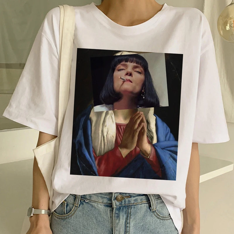 Топ с забавным принтом футболка для женщин Mia Ulzzang летняя модная Дева Мэри Миа