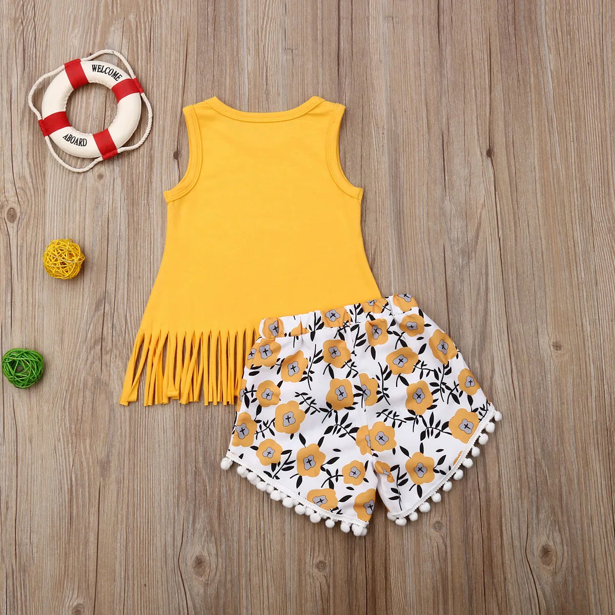 Летняя Милая желтая футболка без рукавов с кисточками для маленькой принцессы +
