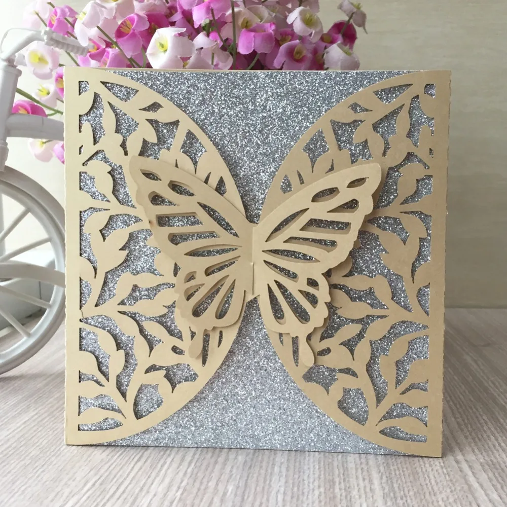 

100pcs New 3D Butterfly Design Invitations Card Romantic Wedding Invitations Gift Card Birthday Party Invitations
