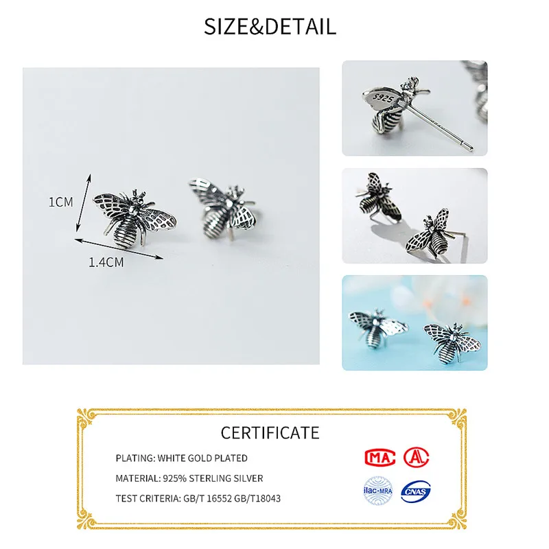 INZATT, винтажные, 925 пробы, тайские, серебряные, милые гвоздики пчелка, серьги для женщин, на день рождения, на вечеринку, предотвращают аллергию, модное ювелирное изделие, подарок