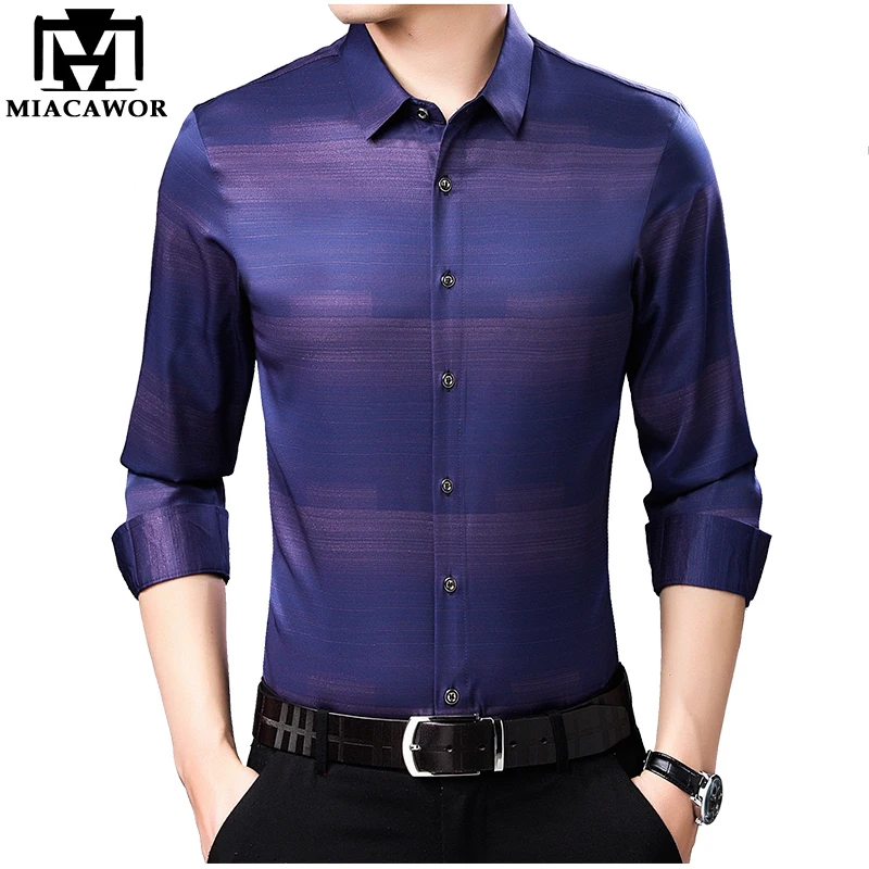 

MIACAWOR 2022 New Italian Design Striped Shirts Men High Quality Slim Fit Social Shirt Long Sleeve Camisa Masculina C453