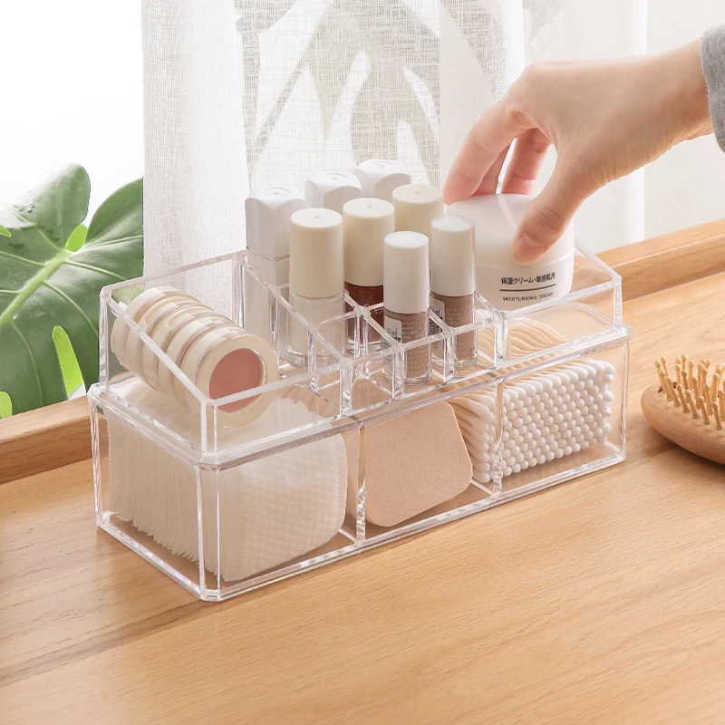 11+3 Grid Acrylic Transparent Makeup Organizer Storage Box Nail Polish Brushes Eyeliner Pencil Stand Cotton Pad Cosmetic Holder | Дом и сад