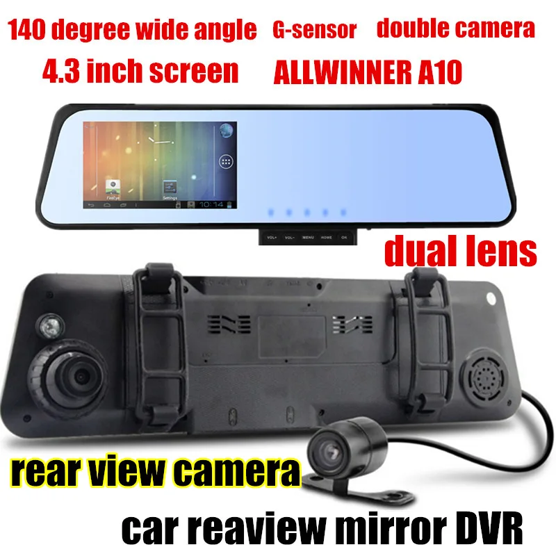 

4.3 inch Car Rearview Mirror DVR Video Recorder Car DVR Dual lens Camcorder Night Vision 2x140 degree wide angle Allwinner A10
