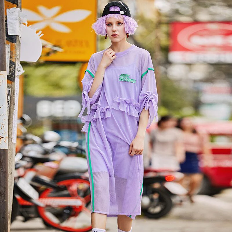 2019 New arrival half sleeve long dresses spring women letter embroidery gauze two pieces | Женская одежда