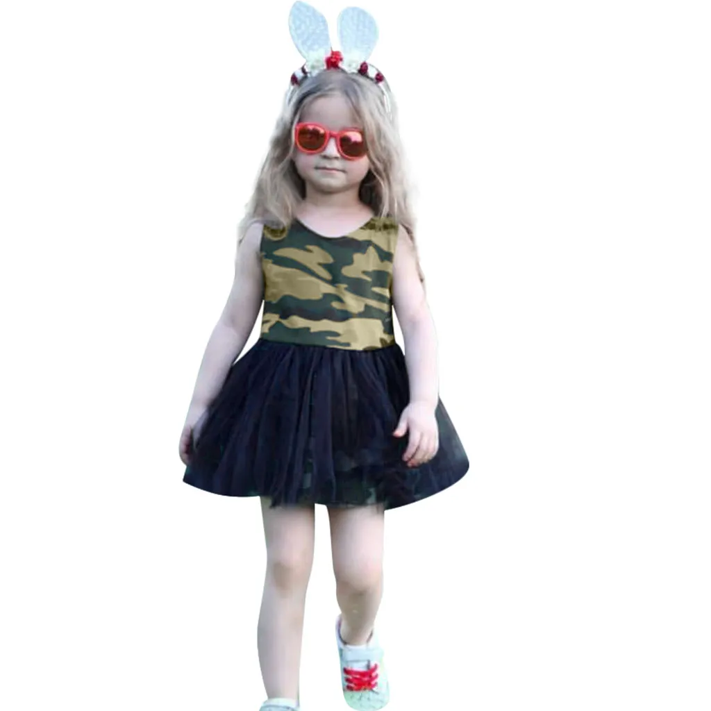 Girl dress fashion summer cute and comfy Toddler Kid Baby Sleeveless Camouflage Printed Lace Princess Dress Clothes D300311 | Детская
