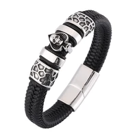 punk spades skull jewelry men bracelet charms stainless steel bangles black wide braided mens leather bracelets bb0122