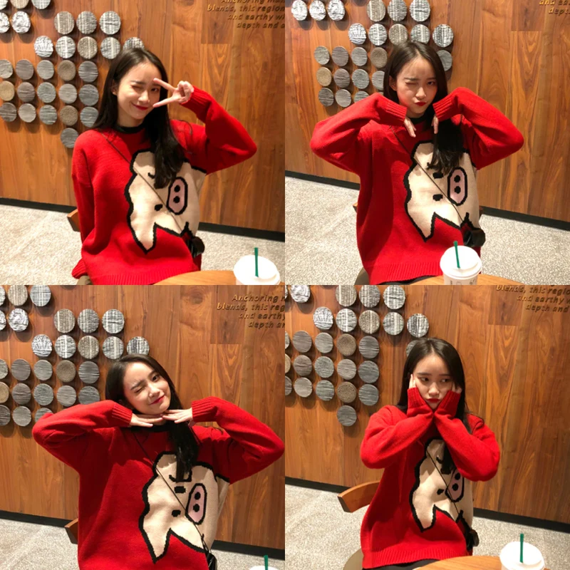 2019 autumn and winter cartoon pig red long-sleeve pullover knitted sweaters womens (C9217) | Женская одежда