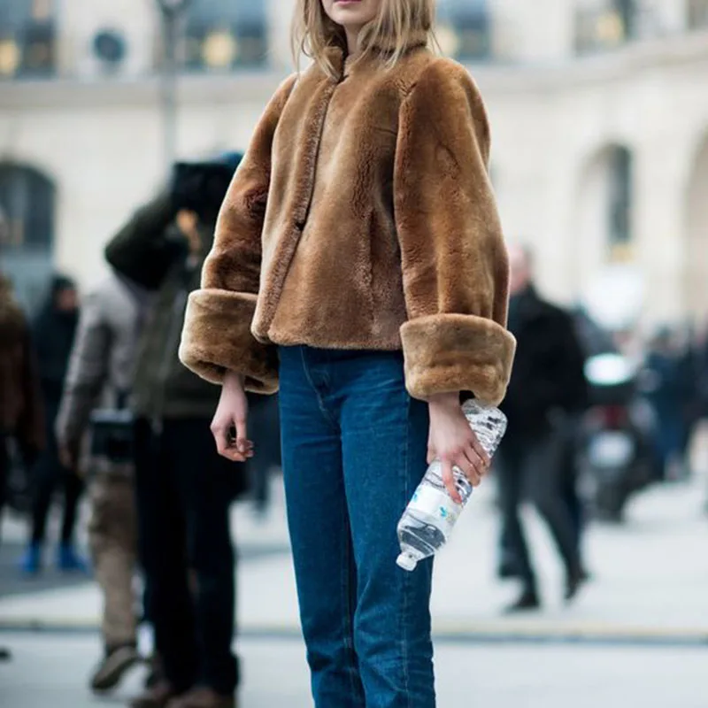 Ретро шик зимние куртки пальто для Для женщин ягнят Шерстяное теплая плотная