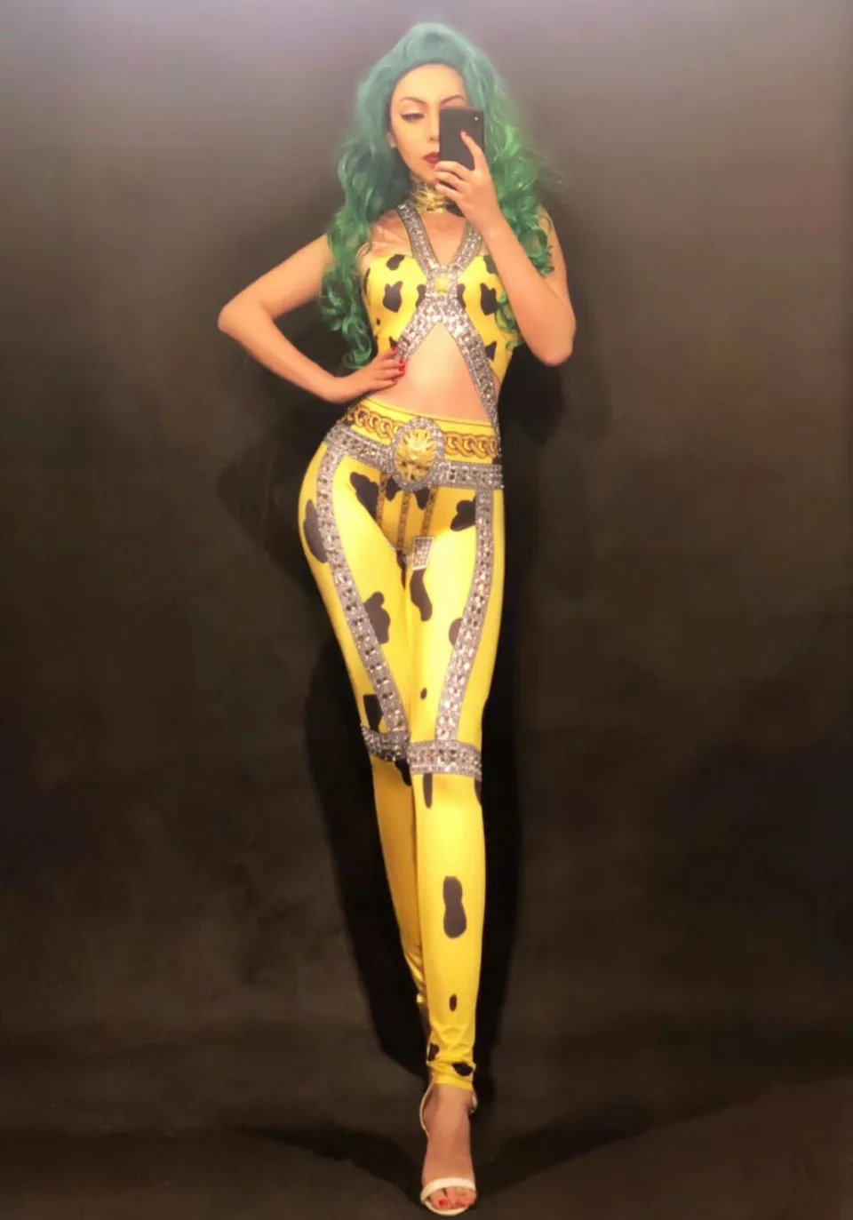 Women Sexy Stage Nightclub Costumes for Singer Yellow 3D Print Sparkly Crystals Dj Gogo Jumpsuit Rhinestone Dress | Тематическая
