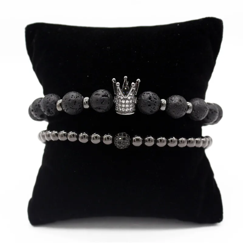 Набор браслетов Poshfeel 2 шт./набор с кристаллами CZ и кроной, браслеты на руку из натурального камня лавы 8 мм, ручной работы, ювелирные изделия Pulsera MBR180301.