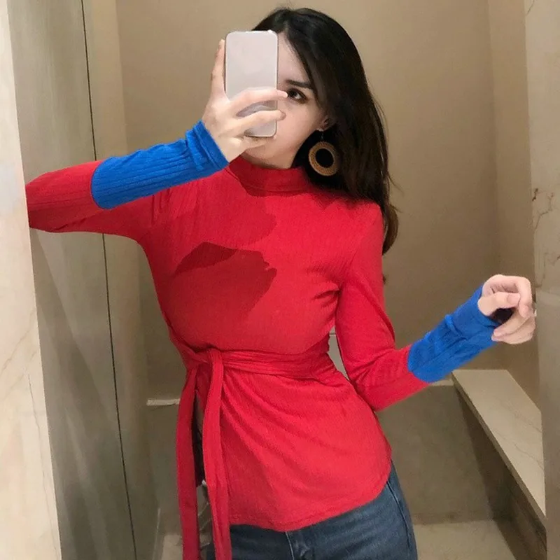 Women's fashion tee shirt outwaer casual tshirt t-shirts funny Long Sleeve Color Block Turtleneck Lace Up Slit Knitted T-Shirt | Женская