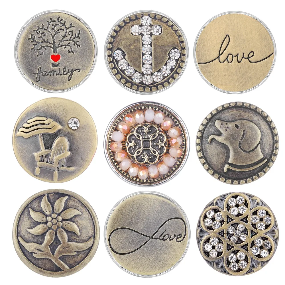 

50pcs Mix Pack Newest Styles Bronze Series GingerSnaps 18mm Snap button Charms Snap Jewelry Vn-1988*50