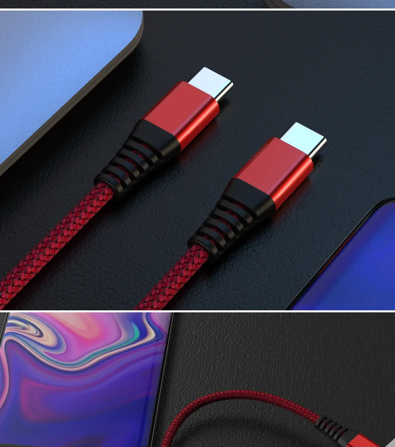 Double USB Type-c cable PD 60W cable fast charging 1.2 m braided data line for xiaomi huawei phone notebook