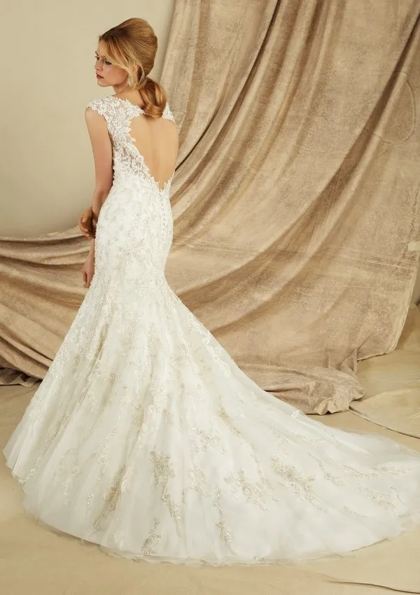 Hot Sale Bateau Neck Cap Sleeves Open Back Rhinestone Ivory Lace Mermaid Wedding Dresses Bridal Gowns | Свадьбы и торжества