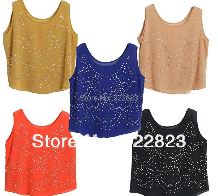 2020 summer New Women's Appliques O-neck Sleeveless Beach Chiffon Shirts Female Blouses Shirt Women shiny Vacation tees