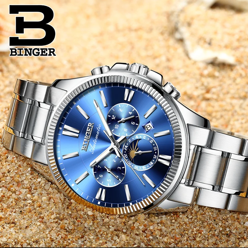 

BINGER Watch Men Luxury Brand Automatic Mechanical Watch Sapphire Wristwatches Moon Phase relogio masculino Men Watches B1180-7