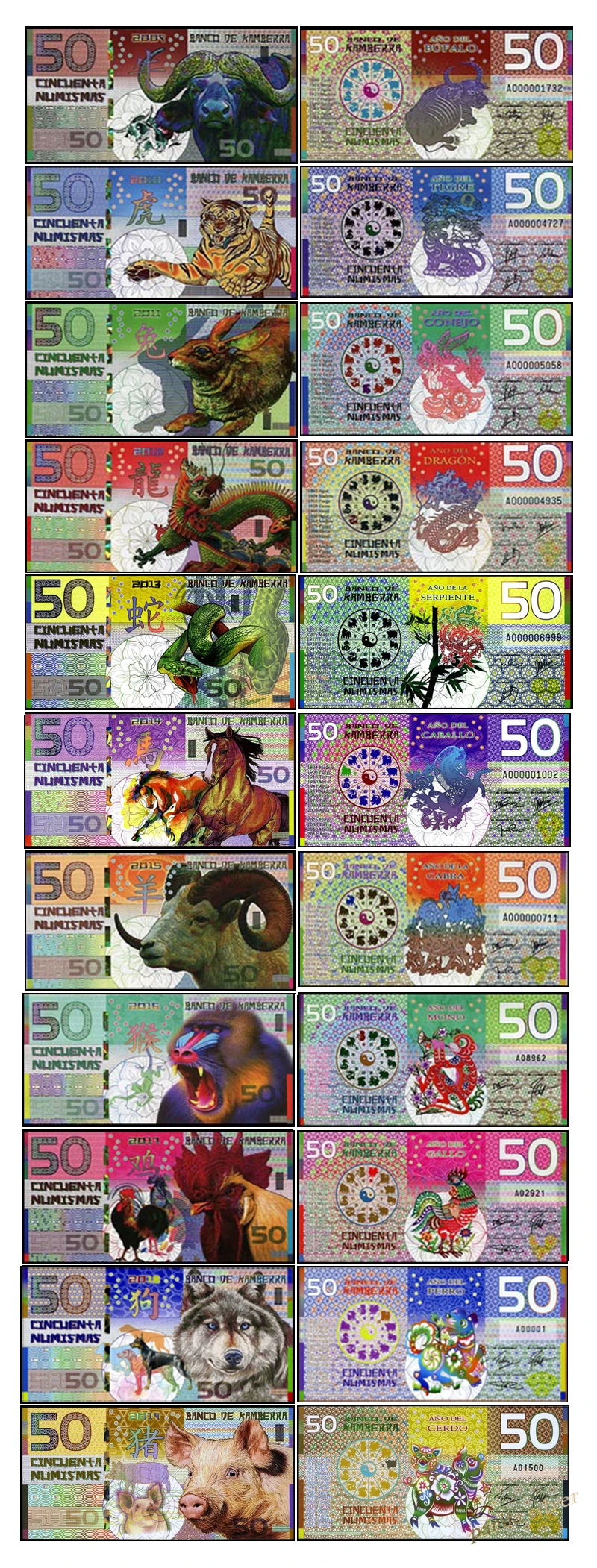 Kamberra набор 11 шт. 50 нот Numismas 2009 2019 КИТАЙСКИЙ ЛУННЫЙ год полимерный UNC оригинальный
