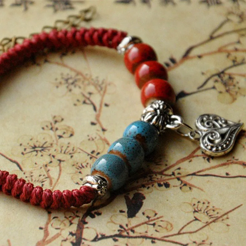 Ancient Silver Color Heart Pendants Bracelets For Women Ceramic Beads Strand Vintage Bracelet Handmade Rope Knot Charm Jewelry | Украшения