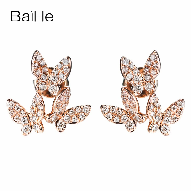 

BAIHE Solid 14K Rose Gold H/SI Natural Diamond Butterfly Stud Earrings Women Wedding Trendy Fine Jewelry Aretes de Mariposa